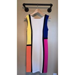Joseph Ribkoff Colorblock mid length dress vibrant pink, blue, orange and yellow